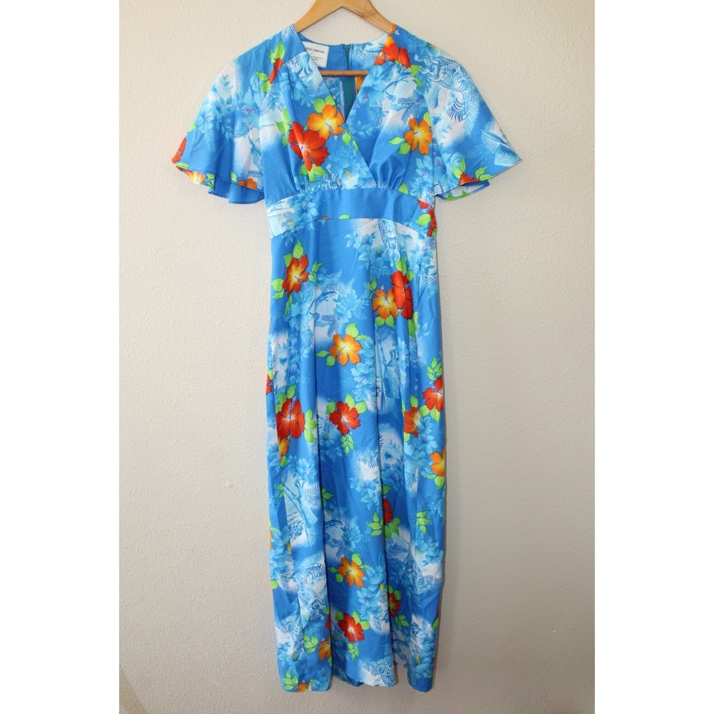 Royal Hawaiian Womens Vintage Blue Floral Tropical Short Sleeve Maxi Dress 8